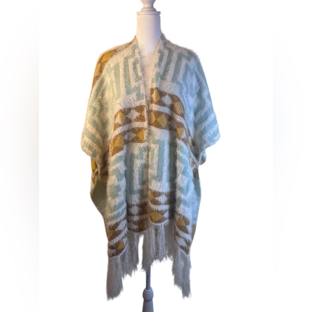 Free People Diamondback Cozy Kimono Poncho Geometric Aztec Soft Knit OS